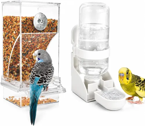 Vista 15 de Rypet Juego de dispensador de agua para pájaros sin ensuciar, alimentador automático para pájaros para jaula, contenedor de alimentos transparente