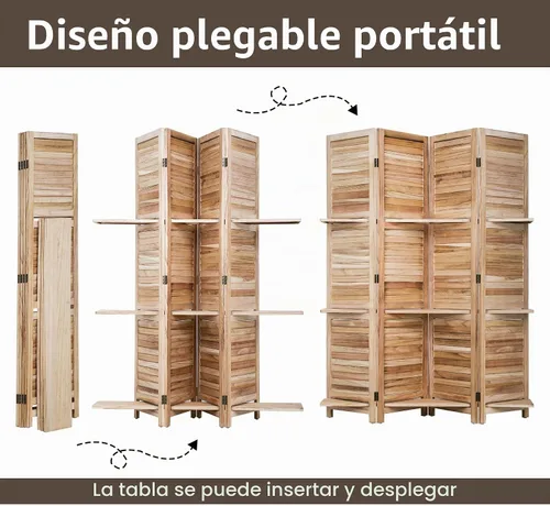 Vista 6 de [Usado] FDW Divisor de habitación de 4 paneles plegable de madera de privacidad con tres estantes inteligentes, divisor de madera portátil