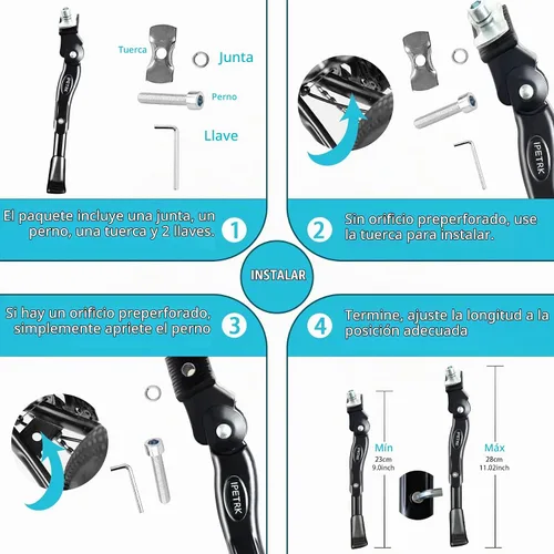 Vista 7 de Kickstand para niños bicicleta para 16, 18, 20 pulgadas, ajustable, plegable, montaje central, bicicletas para niños, aleación de aluminio negro