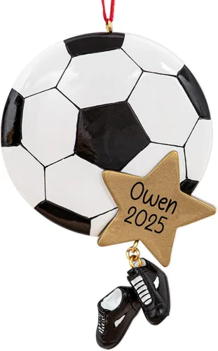 Vista 9 de Adorno Navideño Personalizado de Fútbol 2025 Pelota de Fútbol con Estrellas Doradas, Césped y Red de Portería para Árbol de Navidad - Regalo