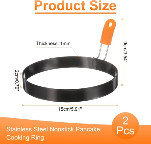 Vista 2 de HARFINGTON 2 anillos de huevo de 6 pulgadas de acero inoxidable antiadherente para panqueques con mango de silicona para freír huevos sándwich