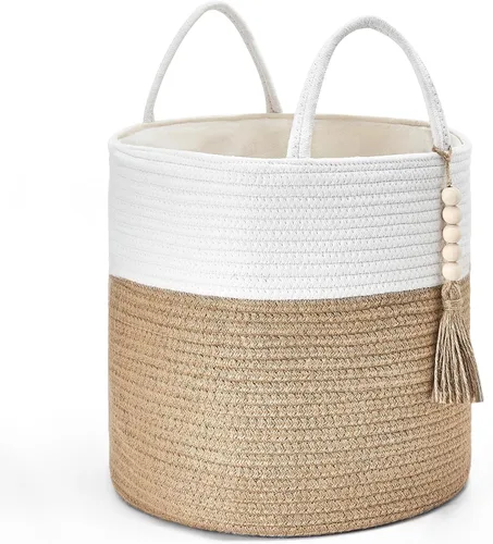 Vista 20 de Mkono - Canasta de almacenamiento tejida, canasta decorativa de cuerda natural con cuentas de madera para mantas, juguetes, ropa, zapatos y plantas
