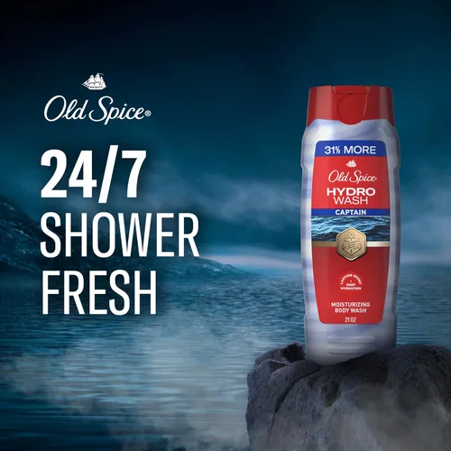 Vista 3 de Old Spice Gel de baño hidratante para hombres, Hydro Wash, aroma e hidratación profunda 2 en 1, ducha fresca 24/7, aroma capitán con niebla oceánica