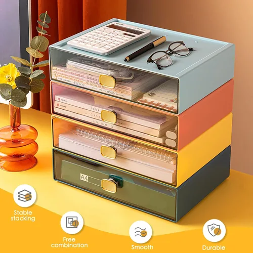 Vista 7 de Paquete de 2 organizadores de escritorio apilables con cajón, caja de almacenamiento de escritorio, organizador de papelería de escritorio