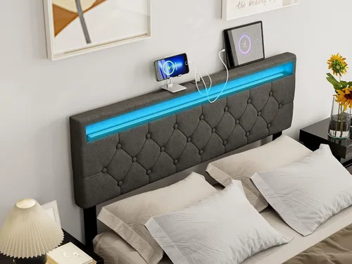 Vista 8 de IKIFLY Cabecera tapizada de tamaño matrimonial con luces LED y 2 puertos USB, altura ajustable, cabecera acolchada de tela de lino con botones