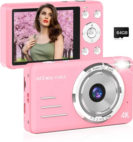 Vista 8 de Cámara digital FHD 1080P para niños, 48MP apunta y dispara, con una tarjeta de 64 GB, zoom 16X, antivibraciones, cámara pequeña compacta para niños