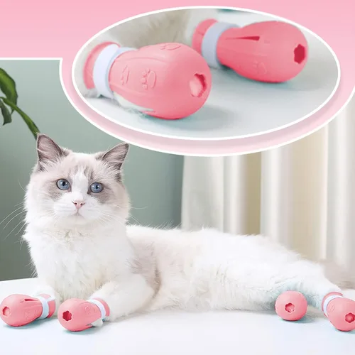 Vista 5 de 4 botas de gato solo para gatos, protectores de patas, zapatos para heridas de patas, botas de silicona antiarañazos para baño, cortaúñas, limpieza
