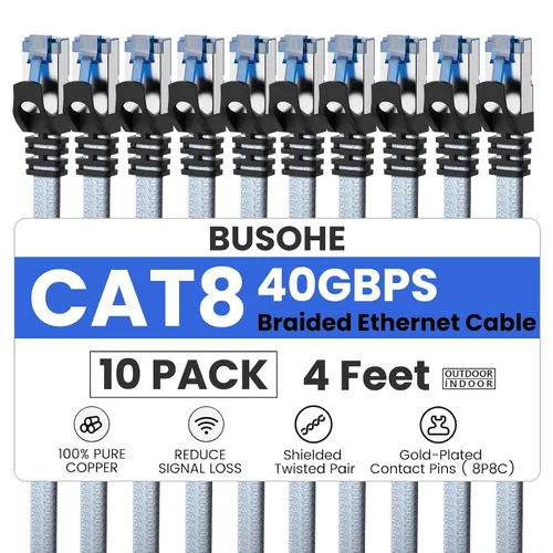 Vista 19 de Cable Ethernet Cat 8 de 1.5 pies, cable de conexión de red LAN de alta velocidad trenzado de nailon resistente, 40 Gbps 2000 Mhz SFTP blindado RJ45