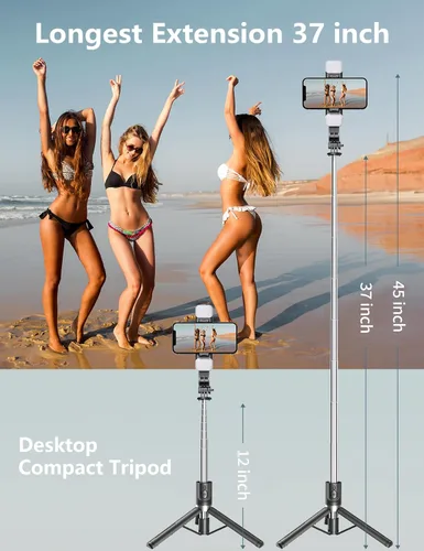 Vista 2 de Palo selfie con trípode y luz, palo selfie de 45'' con control remoto inalámbrico, trípode portátil para teléfono compatible con iPhone 16/15 Pro