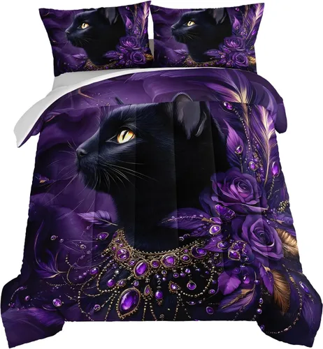 Vista 9 de HOSIMA Juego de edredón de decoración gótica, patrón de calaveras de polilla de la muerte, juego de cama de Halloween tamaño Queen para decoración