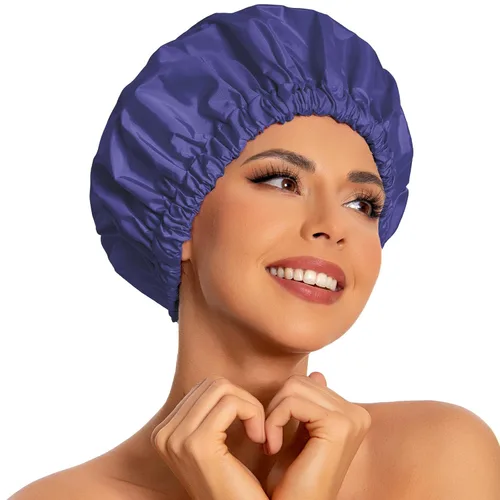 Vista 24 de Gorro de ducha reutilizable para mujer, grande, impermeable, lavable, banda elástica, accesorios de baño, sombrero para cabello largo, trenzas Beige