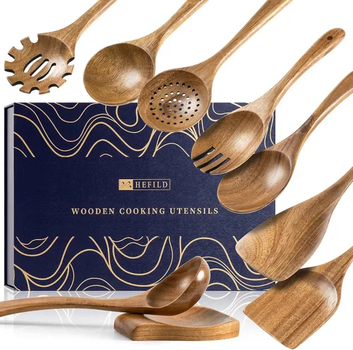 Vista 9 de cucharas de madera para cocinar, juego de utensilios de cocina antiadherentes con 10 piezas de espátulas y cucharas de madera de acacia