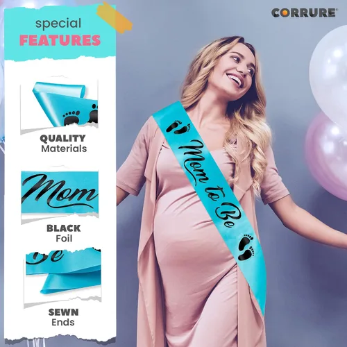Vista 5 de CORRURE Baby Shower Mom to Be Faja para niño o niña – Hermosa cinta azul y texto de aluminio negro – Ideal para revelación de género, regalos