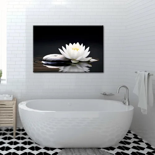 Vista 3 de GLOKAKA Arte de pared de flor de loto blanco zen, loto blanco y negro en piedra de spa y agua, lienzo impreso para yoga, meditación, sala de baño