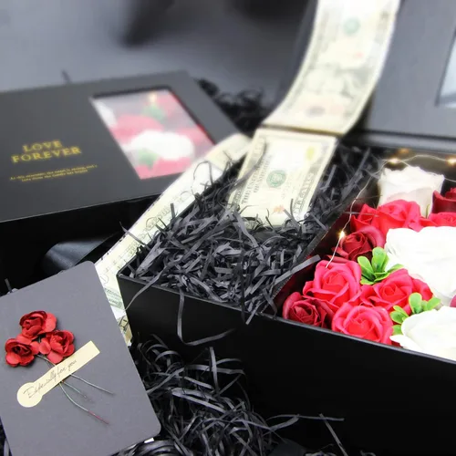 Vista 8 de Caja de dinero para regalo en efectivo - Caja de regalo de flores de lujo con tirador de dinero y tapa con flor y lazo, caja de regalo única