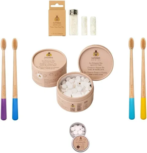 Vista 2 de SuperBee Kit familiar con pastillas de pasta de dientes Dentos, 300 pestañas, hilo natural, cerdas suaves, cepillos de dientes de bambú, sin flúor