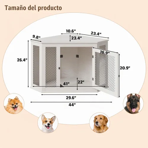 Vista 2 de PUKAMI Muebles de jaula para perros de esquina de 44 pulgadas, muebles de perrera para perros de madera con malla, casa decorativa de madera