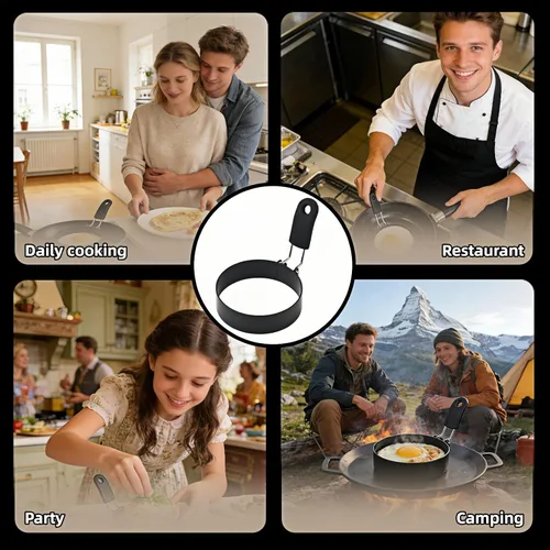 Vista 7 de Anillos de huevo de acero inoxidable de 3.5 pulgadas para panqueques, molde antiadherente para huevos con mango de silicona, molde redondo
