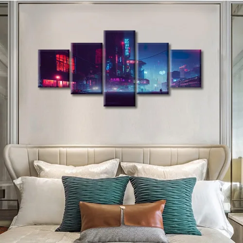 Vista 379 de Cuadros de 5 paneles de Cyberpunk City, arte de pared, representación de vallas publicitarias, edificios modernos en la capital con obras de arte
