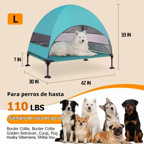 Vista 8 de Cama elevada para perros con toldo a prueba de rayos UV, tienda de campaña para perros al aire libre con potentes pies ajustables, cuna portátil