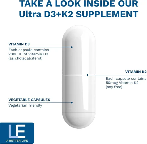 Vista 5 de Life Enhancement Vitamina D3 K2 2000iu apoya la salud muscular y cerebral - Suplemento D3 K2 ayuda en el apoyo inmunológico y cardiovascular