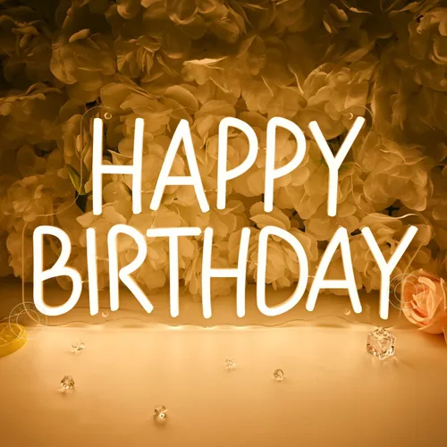 Vista 4 de SYLHOME Letrero de luz LED de neón con texto en inglés «Happy Birthday» para fiesta de cumpleaños, dormitorio, decoración de pared, pancarta, bar