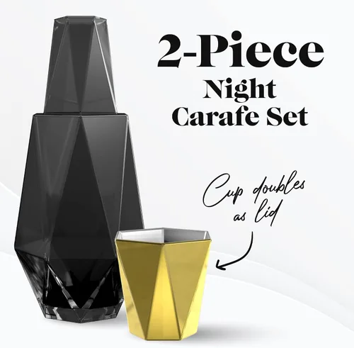 Vista 2 de American Atelier Juego de jarra y taza de noche geométrica moderna de 37 onzas, jarra de vidrio de 9 pulgadas con tapa y taza a juego, vasos