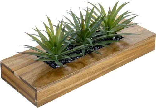 Vista 14 de MyGift - Grandes plantas artificiales de césped verde en maceta de 14 pulgadas en caja de madera maciza de acacia premium rectangular, centro