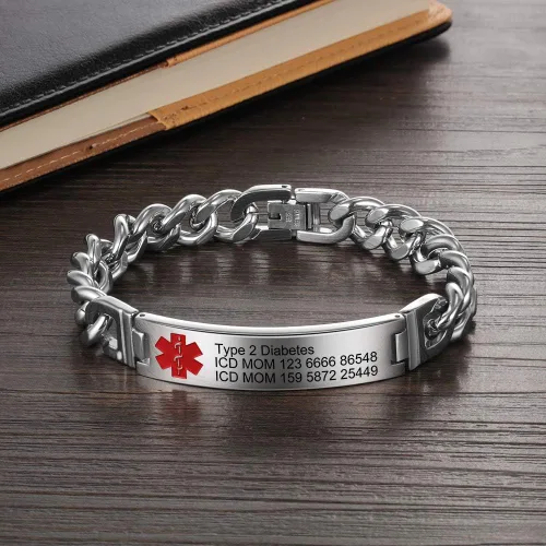Vista 5 de Pulseras de identificación de alerta médica personalizadas para mujeres y hombres, pulseras médicas de emergencia para adultos, pulseras médicas