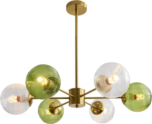 Vista 10 de KCO Lámpara colgante de techo de cristal verde de 6 luces con forma de globo moderno semiempotrado, lámpara de techo vintage de latón dorado Sputnik