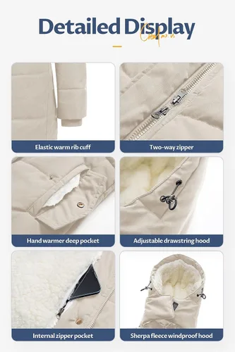 Vista 6 de CREATMO US Abrigo de invierno de sherpa grueso para mujer, chaqueta de nieve cálida con capucha extraíble