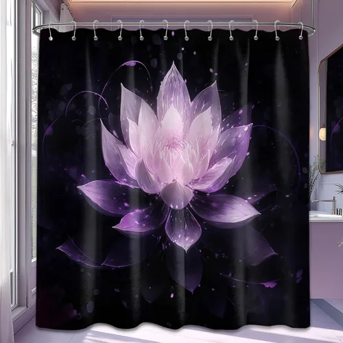 Vista 44 de Cortina de ducha con flores de loto negro y azul para decoración de baño, juego de cortinas decorativas de baño con estampado floral, tela