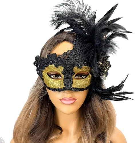 Vista 20 de Máscara de plumas burlesque, máscara de encaje de Mardi Gras para mujer, disfraz de plumas de pavo real, máscara de brocado veneciano