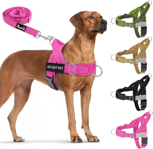 Vista 13 de Lukovee Juego de arnés y correa para perro sin tirones, chaleco acolchado suave ajustable con clip frontal para un fácil control, arnés reflectante