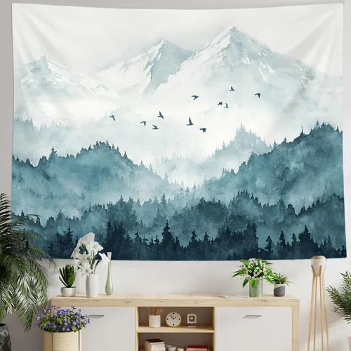 Vista 14 de kampdream Tapiz de bosque de montaña, tapiz de pared con diseño de árbol blanco y negro brumoso, paisaje de acuarela, tapiz de paisaje natural
