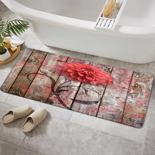 Vista 21 de JAWO Alfombra de baño con flores de granja, dalia en tablones de madera rústica, juego de tapetes de baño con flores azules, en forma de U