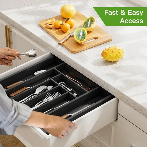 Vista 7 de Pipishell - Organizador de Cajones Extensible de Bambú para Soporte de Utensilios, Bandeja de Cubiertos Ajustable, Organizador de Divisores