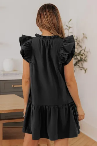 Vista 5 de Dokotoo Vestido corto de verano para mujer con cuello en V, cordón y volantes, manga corta, bolsillos laterales, mini vestido de verano
