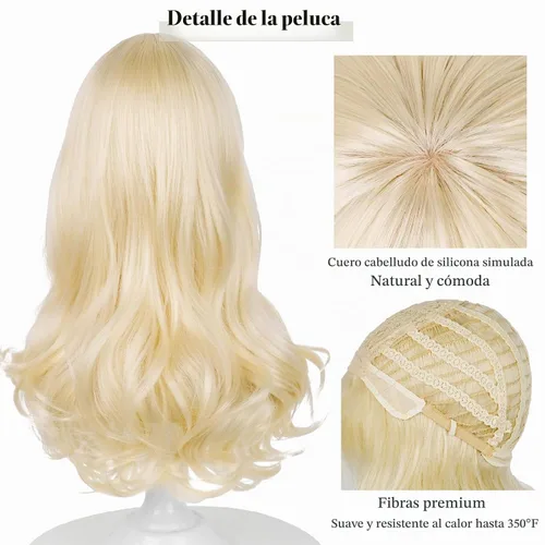 Vista 7 de Peluca rubia con clip de pelo con lazo rosa, peluca de princesa ondulada Rubia Flequillo