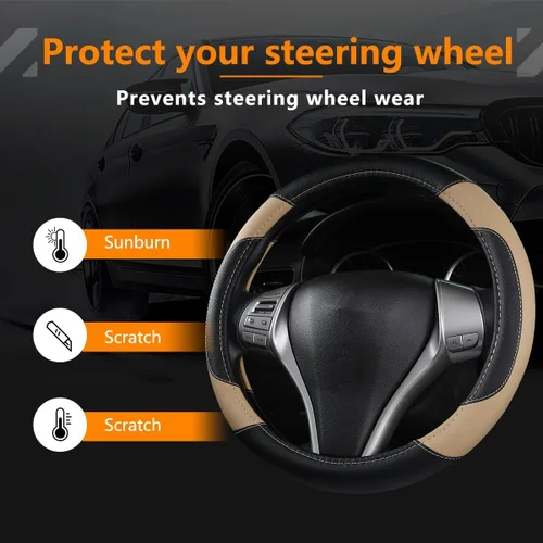 Vista 4 de Funda de cuero para volante de auto, protector antideslizante para volante de auto de cuero de microfibra transpirable, ajuste universal