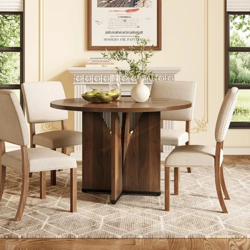 Vista 5 de LITTLE TREE Mesa de comedor redonda de 39 pulgadas para 4, mesa de cocina rústica con pedestal estable en forma de X, mesa de comedor