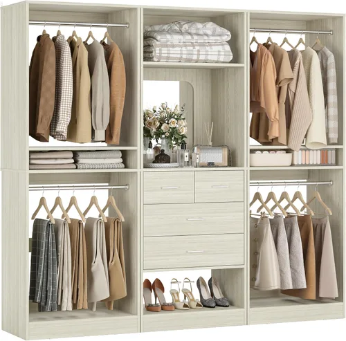 Vista 8 de Unikito Sistema de Armario Walk-in de 75 Pulgadas con 4 Cajones, Organizador de Armario de 6.3 Pies con Barras Colgantes y Diseño de Espejo, Armario