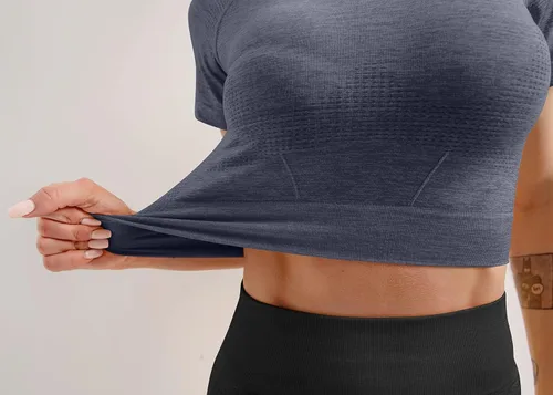 Vista 4 de HYZ Conjunto de 3 piezas de entrenamiento para mujer, sin costuras, para yoga, gimnasio, correr, deportes, camisa atlética de manga corta
