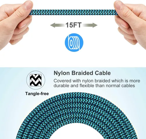 Vista 3 de RoFI Cable USB tipo C de 15 pies con carga rápida de 3 A, cable de carga USB C trenzado de nailon ultra largo y extremadamente duradero para Galaxy
