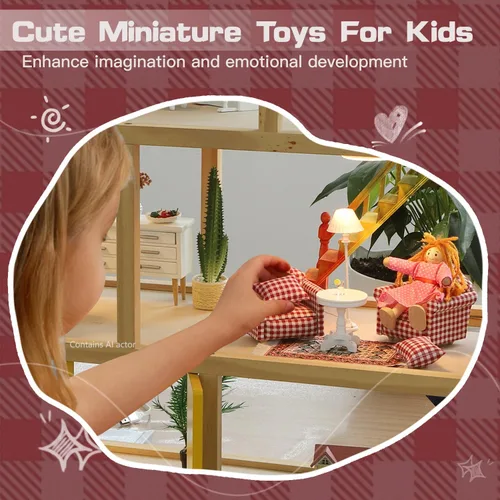Vista 2 de iLAND Lindos juguetes para niñas de 6 a 8 años, encantadora decoración para casa de muñecas a escala 1/12, juego de sofás de gingham para casa