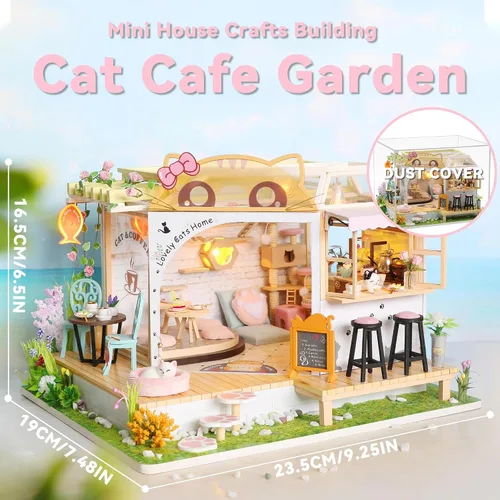 Vista 2 de Flever Kit de casa de muñecas en miniatura para bricolaje, habitación creativa con muebles para regalo romántico de San Valentín (Cat Cafe Garden)