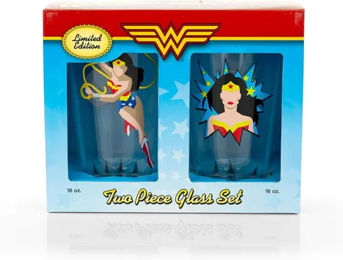Vista 2 de Underground Toys Dc Wonder Woman - Juego de vasos de pinta Dos vasos de estilo cómic llenos de acción Juego de 2 vasos de edición limitada de 16