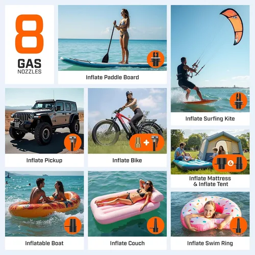 Vista 4 de Bomba de tabla de remo de 50 PSI eléctrica portátil, bomba de SUP para neumático de coche de paddleboard con función de apagado automático