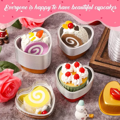 Vista 4 de Honeydak 100 juegos de moldes para hornear con forma de corazón, mini molde de aluminio de 3.4 onzas, lata desechable para cupcakes con tapas