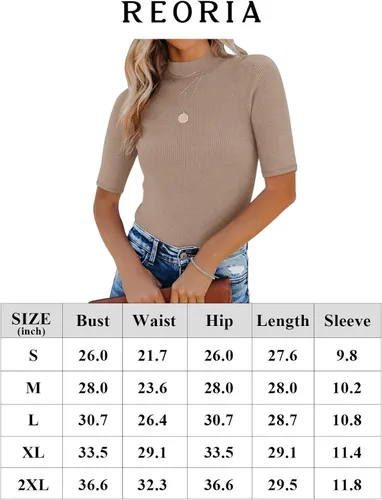 Vista 6 de REORIA Leotardos básicos de manga media con cuello alto falso para mujer, estilo casual, de punto acanalado